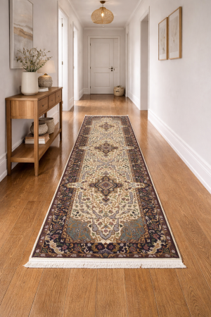 2'7 X 9'8 Cream Hand Knotted Floral Kirman Wool Runner Rug