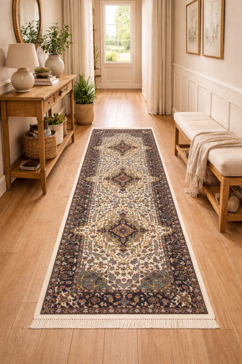 2'8 X 9'8 Hand Knotted Cream & Navy Kirman wool Runner Rug