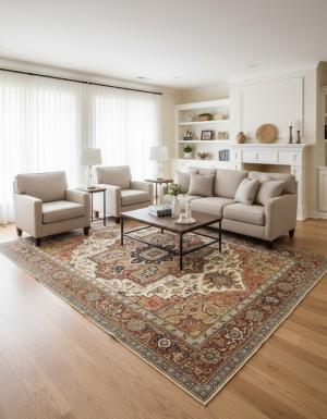 Cream Geometric 10X14 Heriz Serapi Oriental Rug