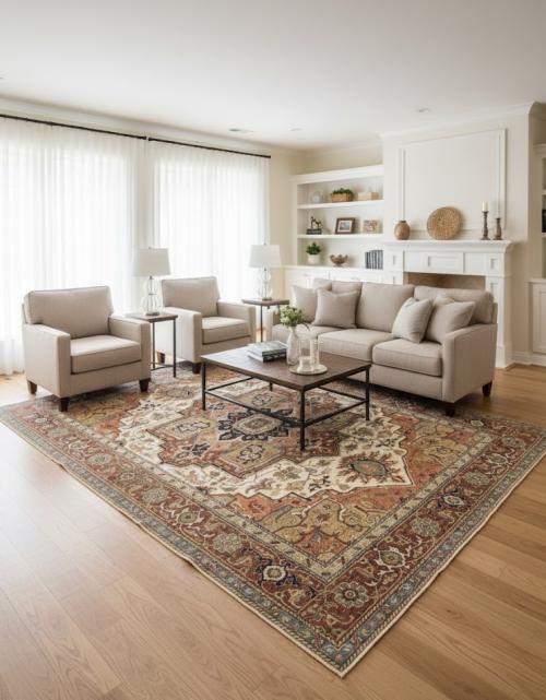 Cream Geometric 10X14 Heriz Serapi Oriental Rug