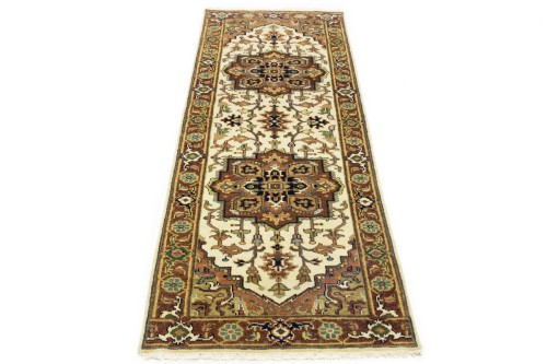 Cream Geometric 3X8 Heriz Serapi Oriental Runner Rug