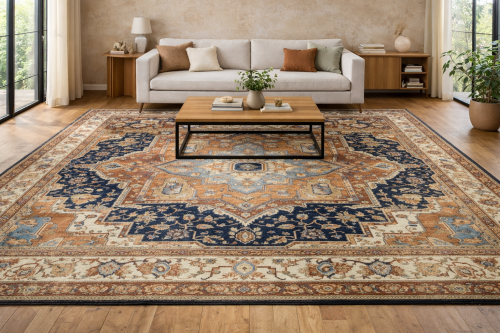 Dark Navy Geometric 10X14 Heriz Serapi Oriental Rug