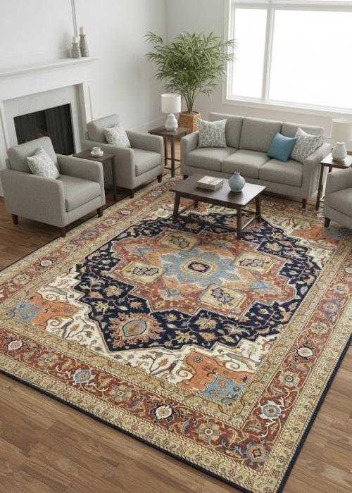 Dark Navy Geometric 12X15 Heriz Serapi Oriental Rug