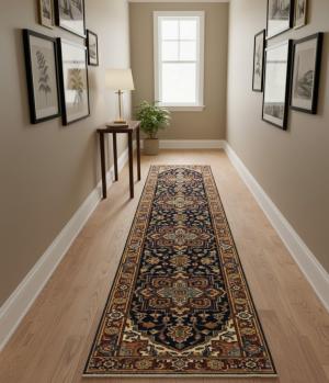 Dark Navy Geometric 2'5X12 Heriz Serapi Oriental Runner Rug