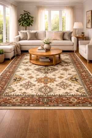 Cream & Rust Tribal Geometric 6X9 Indo-Karajeh Oriental Rug