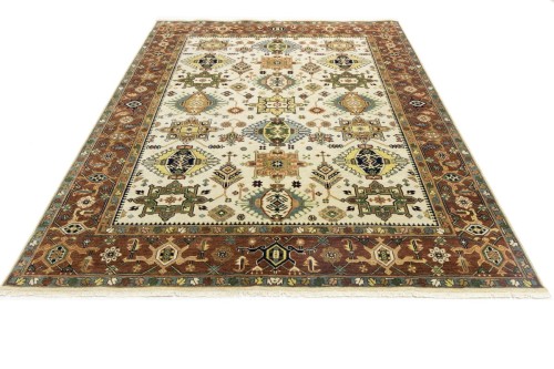 Cream & Rust Tribal Geometric 8X10 Indo-Karajeh Oriental Rug