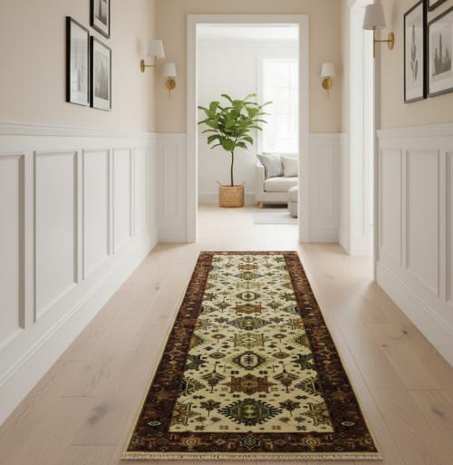 Cream & Rust Tribal Geometric 3X8 Indo-Karajeh Oriental  Runner Rug