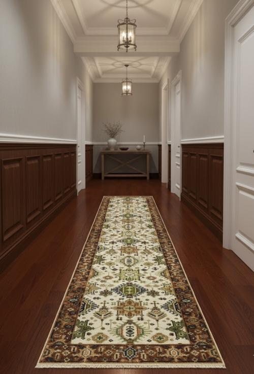 2'6 X 10'2 Hand Knotted Cream Indo-Karajeh Wool Runner Rug