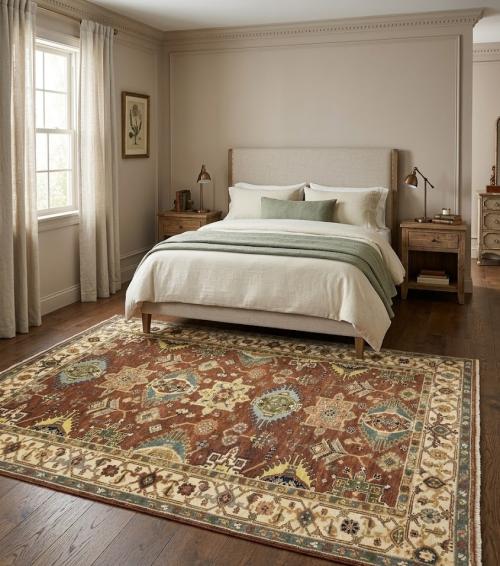 5'0 X 8'0 Hand Knotted Rust & Cream Indo-Karajeh Wool Rug