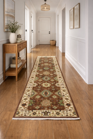 Rust & Cream Tribal Geometric 3X8 Indo-Karajeh Oriental Runner Rug