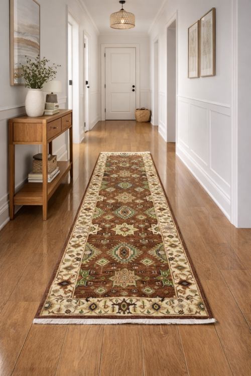 Rust & Cream Tribal Geometric 3X8 Indo-Karajeh Oriental Runner Rug