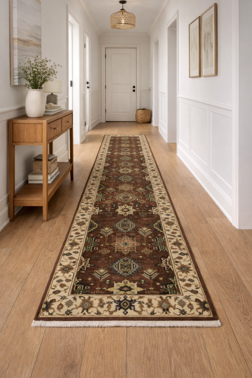 Rust & Cream Tribal Geometric 2'5X13'9 Indo-Karajeh Oriental Runner Rug