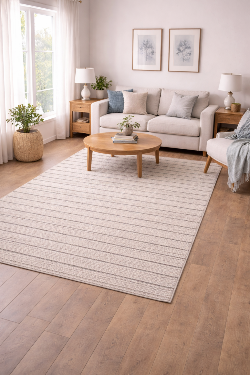 Cream & Gray Striped Wool 5'x8' Modern Oriental Rug