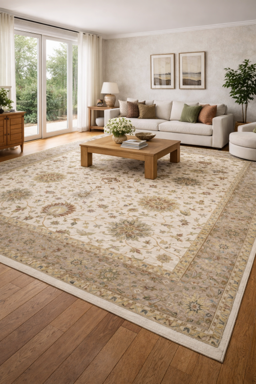 12'0 X 15'1 Cream Osh Chobi Floral Hand Knotted Wool Rug
