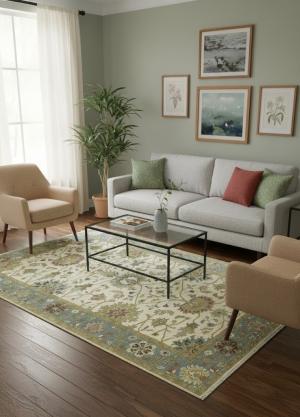 5'1 X 8'0 Osh Chobi Cream & Blue Hand Knotted Cream Wool Rug