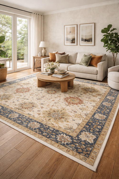 10'1 X 14'1 Osh Chobi Hand Knotted Cream Floral Wool Rug