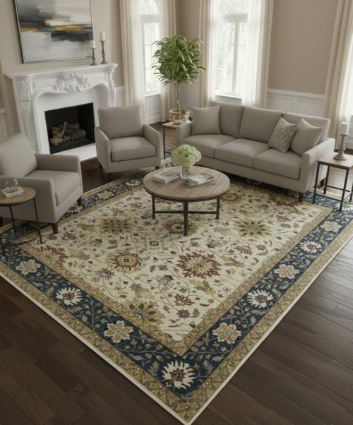 12'0 X 15'0 Hand Knotted Cream Floral Osh Chobi Wool Rug