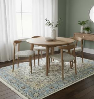 4'9 x 6'9 Cream & Blue Hand Knotted Floral Indo-Nain Wool Rug