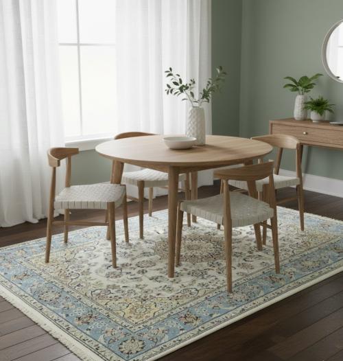 4'9 x 6'9 Cream & Blue Hand Knotted Floral Indo-Nain Wool Rug