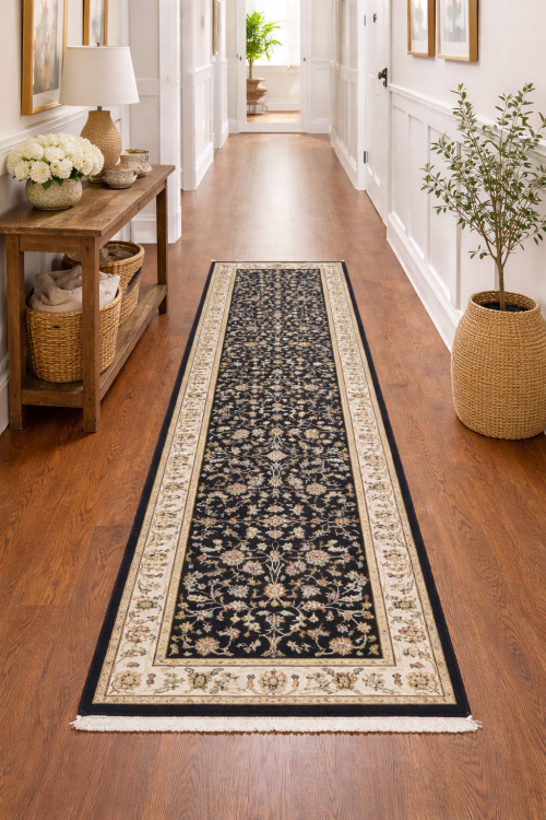 Dark Navy Floral 2'5X8'4 Indo-Nain Oriental Runner Rug