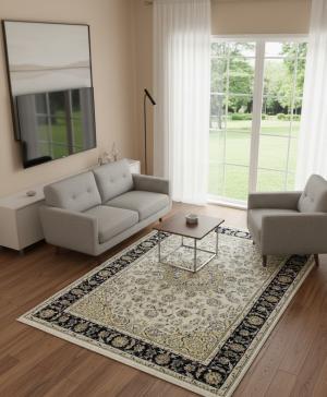 6'0 x 9'3 Hand Knotted Cream Floral Indo-Nain Wool Rug