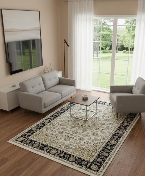 6'0 x 9'3 Hand Knotted Cream Floral Indo-Nain Wool Rug