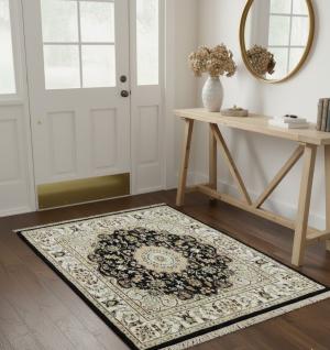 Dark Navy Floral 3X3 Indo-Nain Oriental Square  Rug