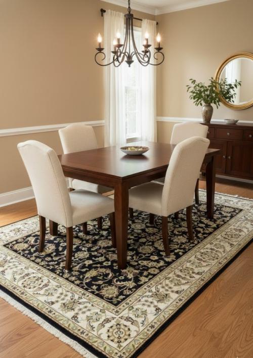 Dark Navy Floral 5'5X8 Indo-Nain Oriental Rug