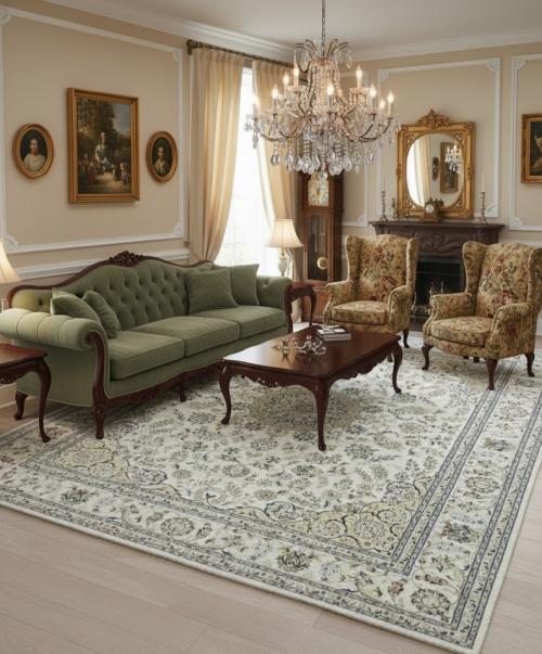 8'1 x 10'1 Hand Knotted Cream Indo-Nain Floral Wool Rug