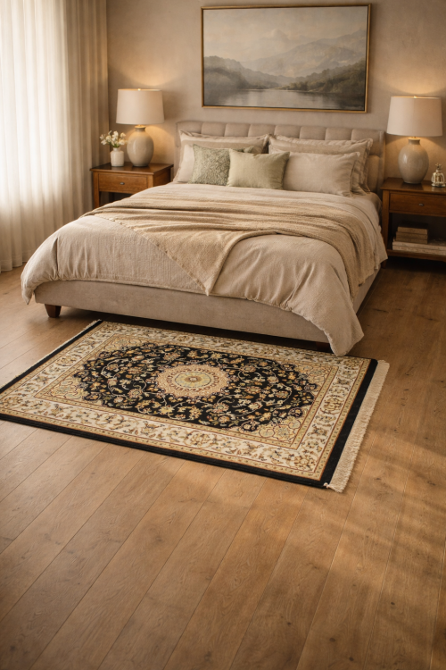 2'9 x 4'2 Hand Knotted Indo-Nain Dark Navy & Cream Wool Rug