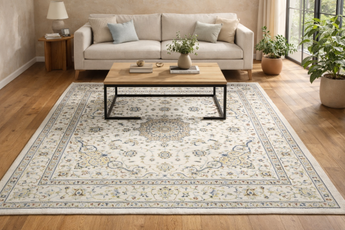 4'2 x 4'2 Hand Knotted Indo-Nain Cream Floral Wool Square Rug