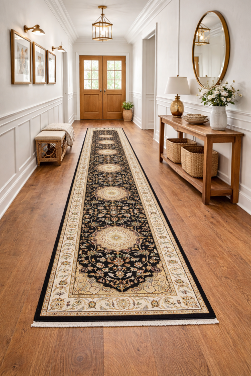 2'9 x 11'11 Hand Knotted Navy & Cream Indo-Nain Wool Runner Rug