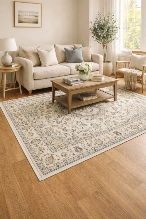 5'1 x 8'1 Indo-Nain Cream Hand Knotted Floral Wool Rug