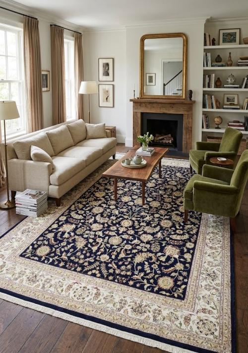 9'8 x 14'3 Dark Navy Hand Knotted Floral Indo-Nain Wool Rug