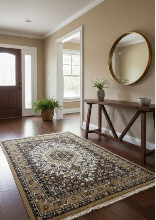 4'0 X 5'10 Hand Knotted Cream & Brown Indo-Bidjar Wool Rug