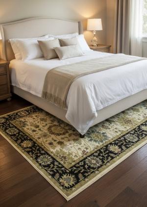 6'1 X 9'1 Cream & Black Hand Knotted Osh Chobi Wool Rug