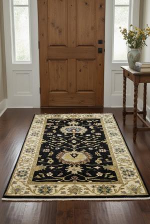 3'1 X 4'10 Hand Knotted Peshawar Black Floral Wool Rug
