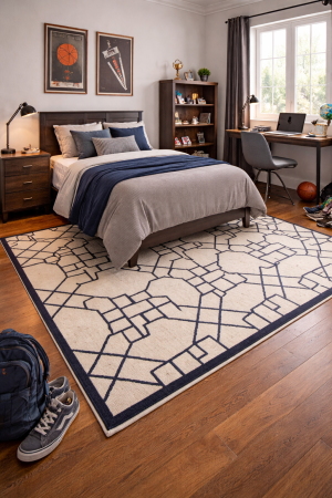 Cream & Purple-navy Geometric 5X8 Hand-Tufted Modern Rug