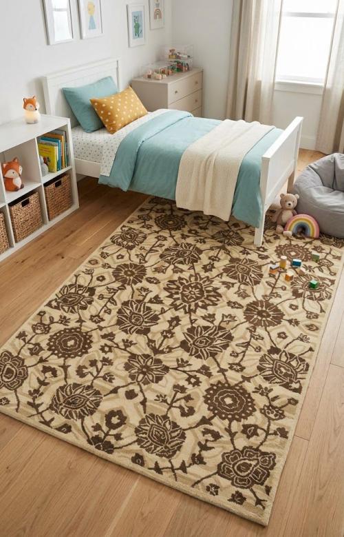 Cream Brown Floral 5X8 Hand-Tufted Modern Rug