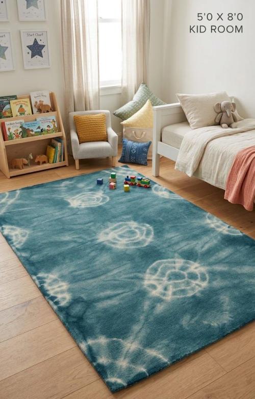 5'0 X 8'0 Hand-Tufted Teal Tie-Dye Modern Wool Rug