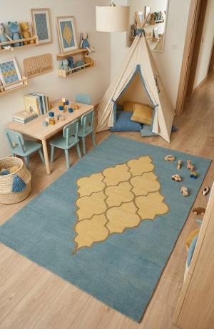 Blue-gray Gold Trellis 5X8 Hand-Tufted Modern Rug