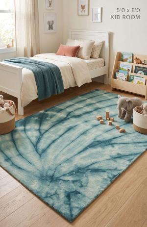 5'0 X 8'0 Modern Teal Tie-Dye Hand-Tufted Wool Rug