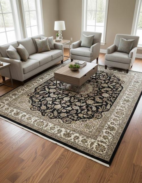 9'1 x 11'11 Hand Knotted Indo-Nain Black Floral Wool Rug