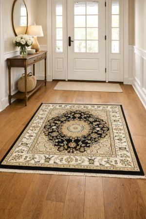 Black Floral 5X5 Indo-Nain Oriental Square Rug