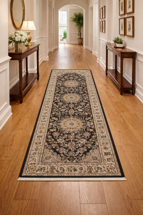 Black Floral 3X8 Indo-Nain Oriental Runner Rug