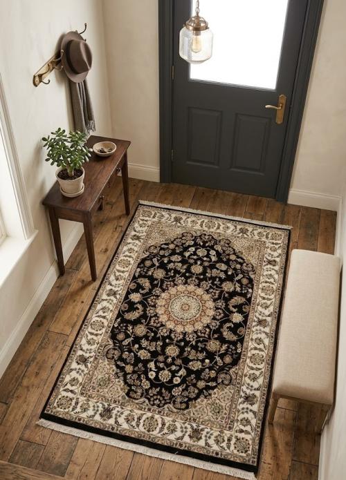 3'5 x 5'5 Hand Knotted Black Floral Indo-Nain Wool Rug