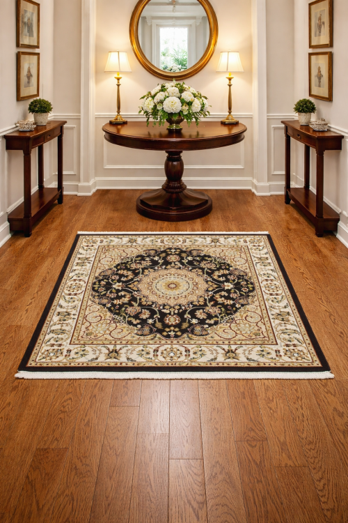 Black Floral 4X4 Indo-Nain Oriental Square Rug