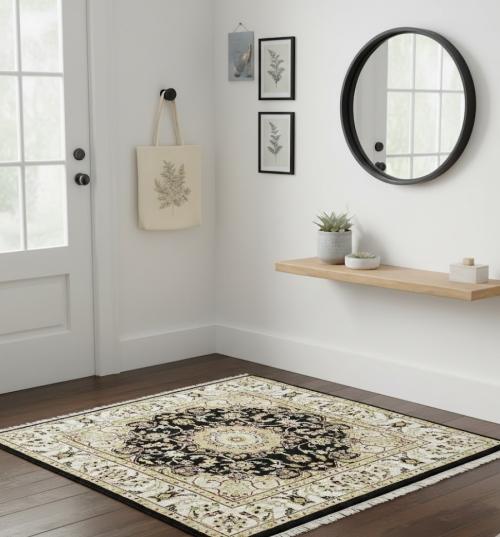 Black Floral 3X3 Indo-Nain Oriental Square  Rug