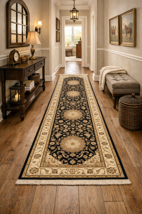 Black Floral 3X10 Indo-Nain Oriental Runner Rug