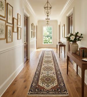 Cream Floral 2'6X15'5 Heriz Serapi Oriental Runner Rug